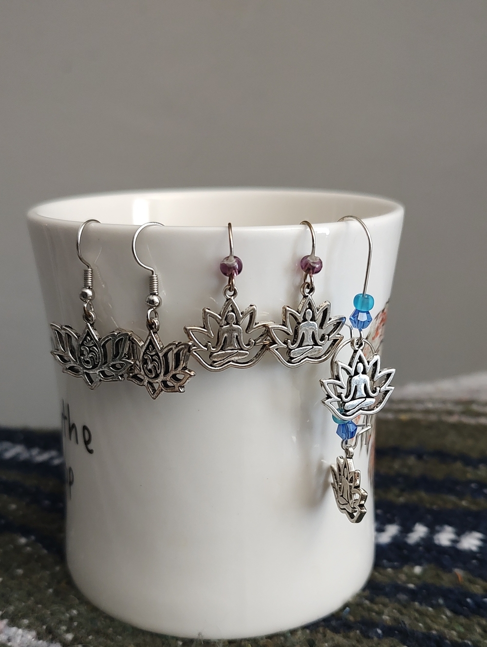 Silver Lotus Meditation Om Handmade Earrings Set Of 3